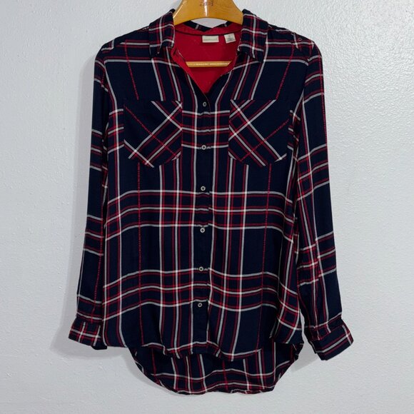 Westbound Plaid Button Front Shirt S Navy Red Rayon Cabincore Fall Top Roll Tab - Picture 4 of 12